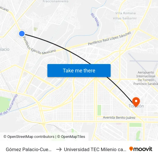 Gómez Palacio-Cuencamé, 956 to Universidad TEC Milenio campus Laguna map