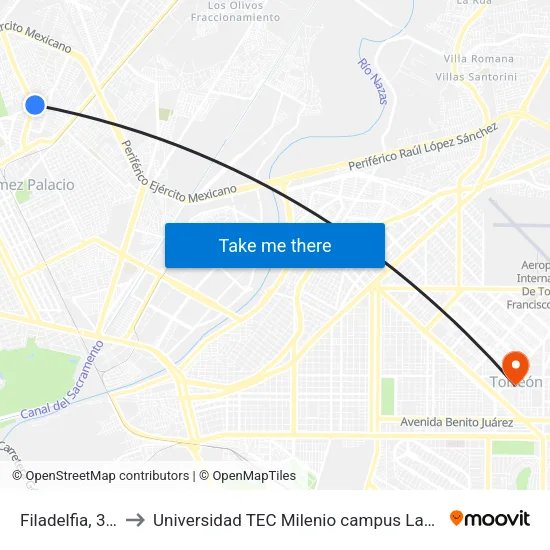 Filadelfia, 311 to Universidad TEC Milenio campus Laguna map
