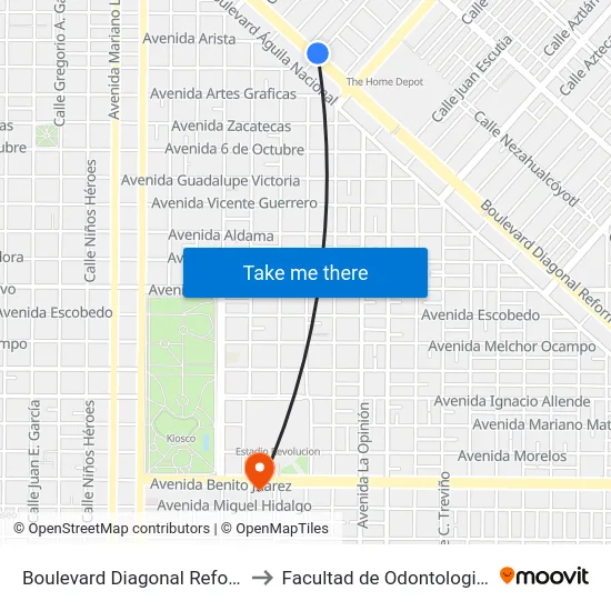 Boulevard Diagonal Reforma, 1960_D to Facultad de Odontologia UAdeC UT map