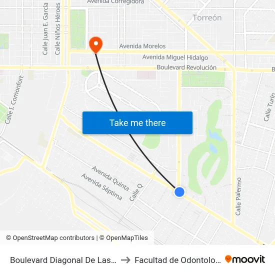 Boulevard Diagonal De Las Fuentes, 1003_1 to Facultad de Odontologia UAdeC UT map