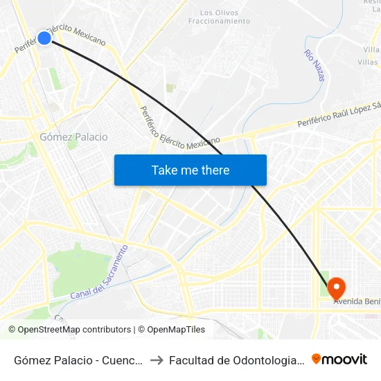 Gómez Palacio - Cuencamé, 1230 to Facultad de Odontologia UAdeC UT map