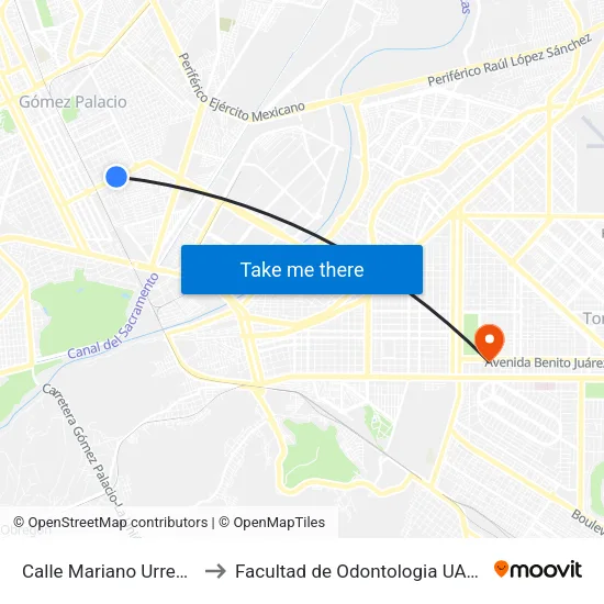 Calle Mariano Urrea, 301 to Facultad de Odontologia UAdeC UT map