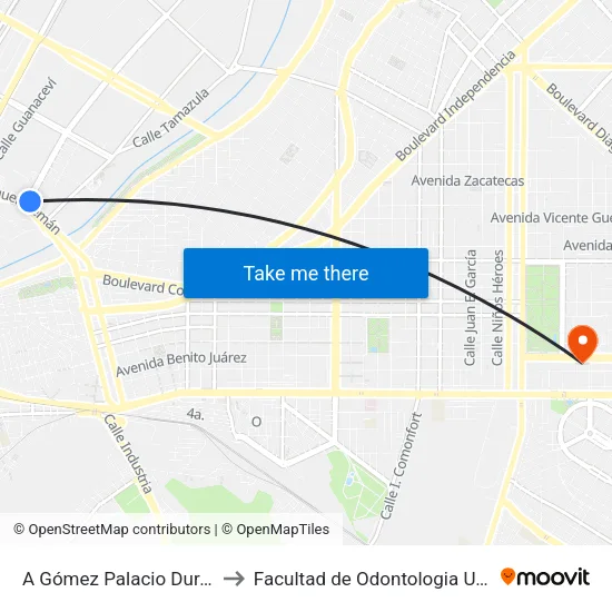 A Gómez Palacio Durango, 2 to Facultad de Odontologia UAdeC UT map
