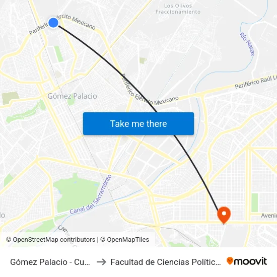 Gómez Palacio - Cuencamé, 1230 to Facultad de Ciencias Políticas y Sociales UAC map
