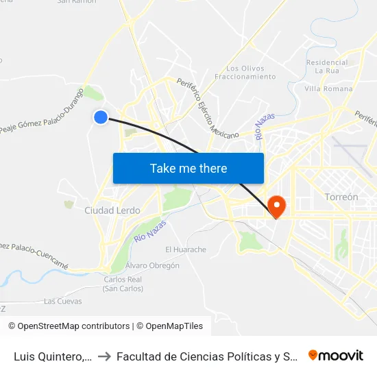 Luis Quintero, 1209 to Facultad de Ciencias Políticas y Sociales UAC map