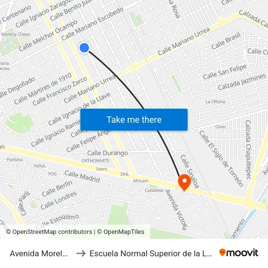 Avenida Morelos, 446 to Escuela Normal Superior de la Laguna C. R. map