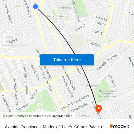 Avenida Francisco I. Madero, 114 to Gómez Palacio map