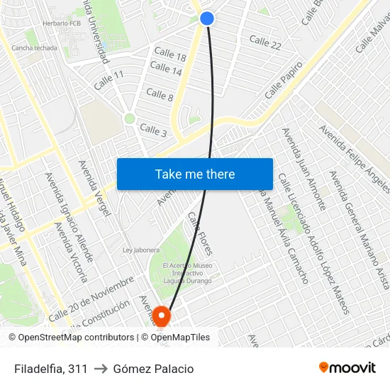 Filadelfia, 311 to Gómez Palacio map