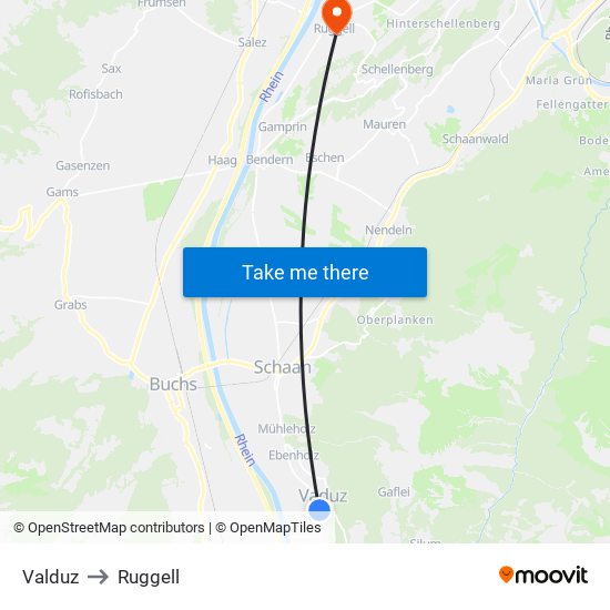 Valduz to Ruggell map
