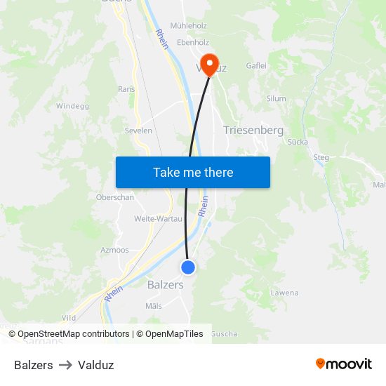 Balzers to Valduz map