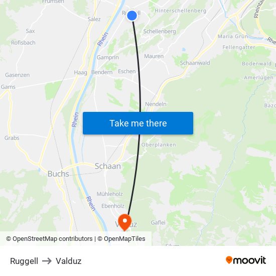 Ruggell to Valduz map