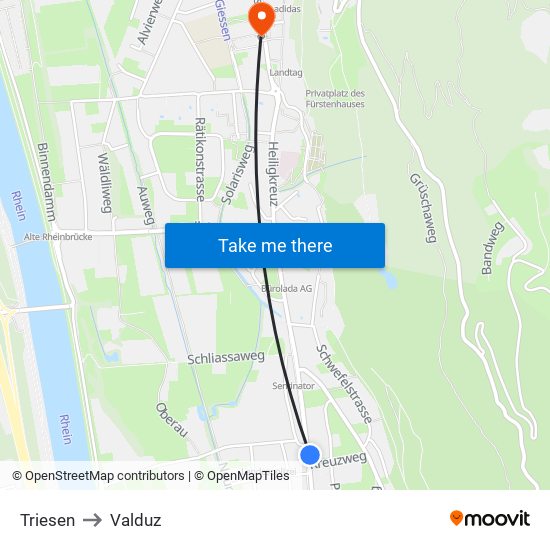 Triesen to Valduz map