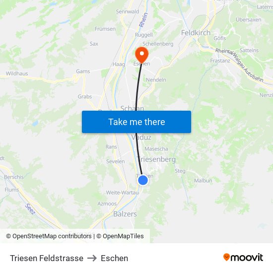 Triesen Feldstrasse to Eschen map