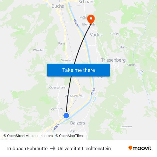 Trübbach Fährhütte to Universität Liechtenstein map