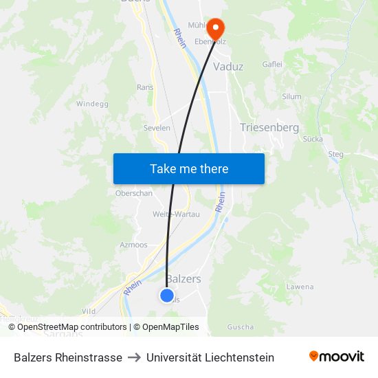 Balzers Rheinstrasse to Universität Liechtenstein map