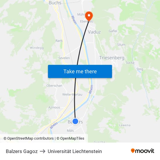 Balzers Gagoz to Universität Liechtenstein map