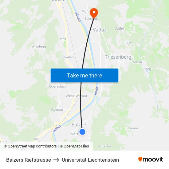 Balzers Rietstrasse to Universität Liechtenstein map