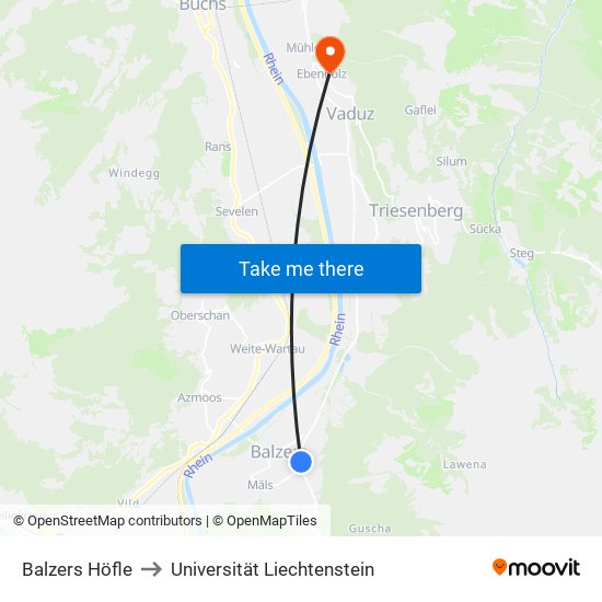 Balzers Höfle to Universität Liechtenstein map