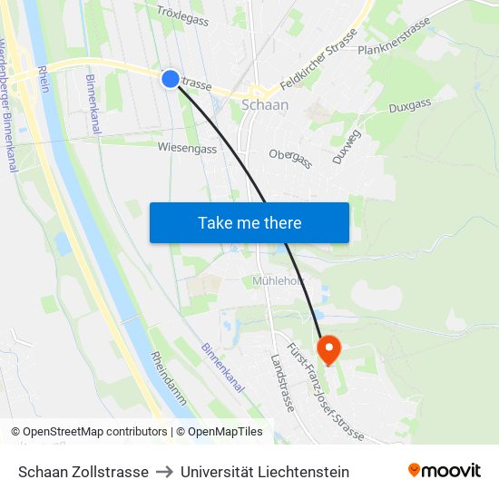 Schaan Zollstrasse to Universität Liechtenstein map