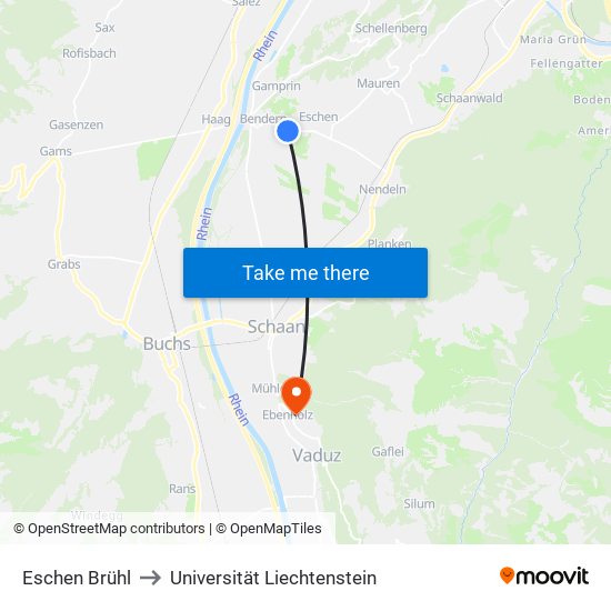 Eschen Brühl to Universität Liechtenstein map