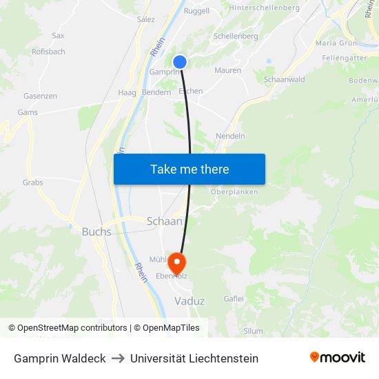 Gamprin Waldeck to Universität Liechtenstein map