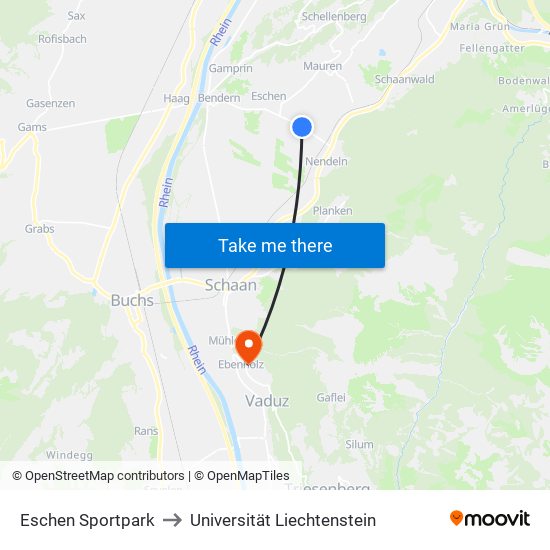 Eschen Sportpark to Universität Liechtenstein map
