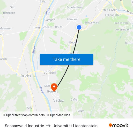 Schaanwald Industrie to Universität Liechtenstein map