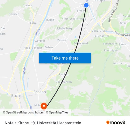 Nofels Kirche to Universität Liechtenstein map