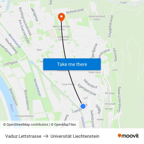 Vaduz Lettstrasse to Universität Liechtenstein map