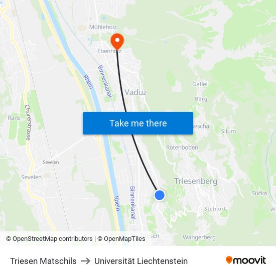 Triesen Matschils to Universität Liechtenstein map