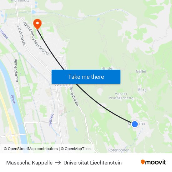 Masescha Kappelle to Universität Liechtenstein map