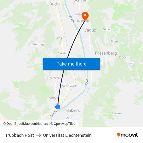 Trübbach Post to Universität Liechtenstein map