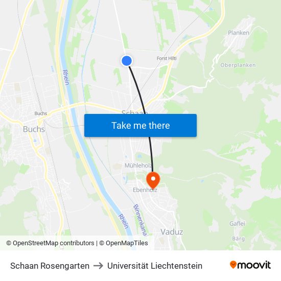 Schaan Rosengarten to Universität Liechtenstein map