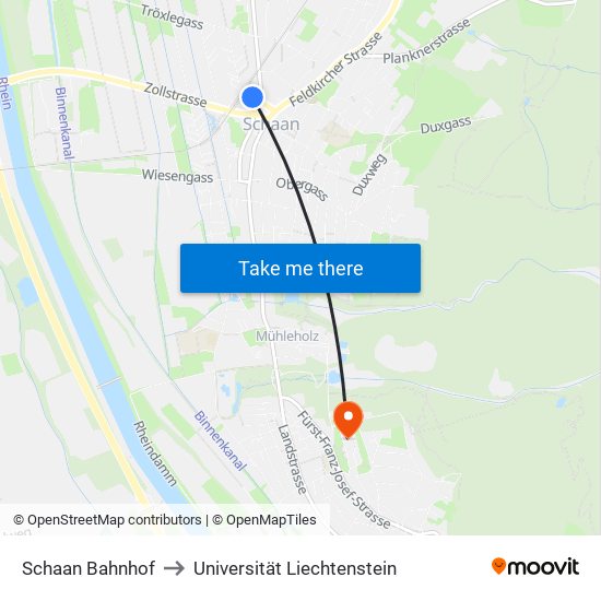 Schaan Bahnhof to Universität Liechtenstein map