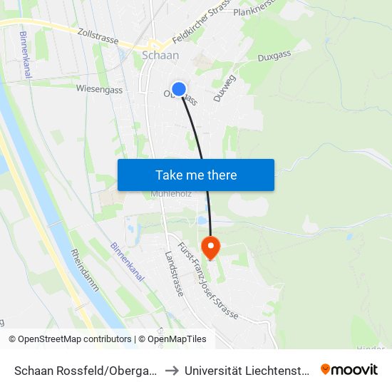 Schaan Rossfeld/Obergass to Universität Liechtenstein map