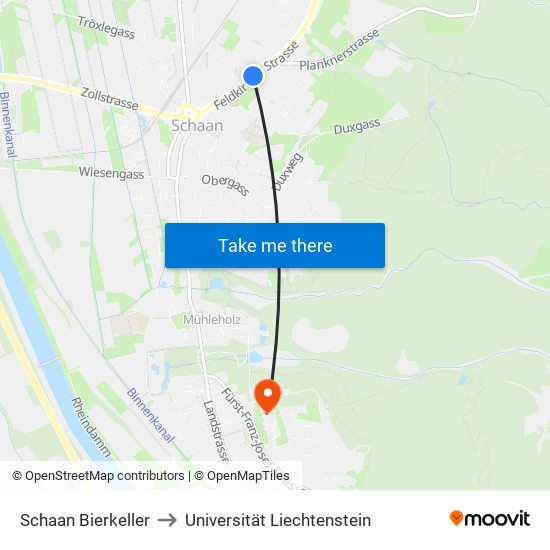 Schaan Bierkeller to Universität Liechtenstein map