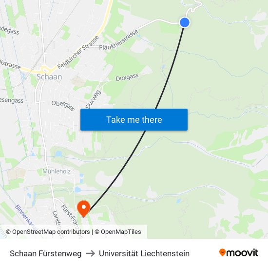 Schaan Fürstenweg to Universität Liechtenstein map