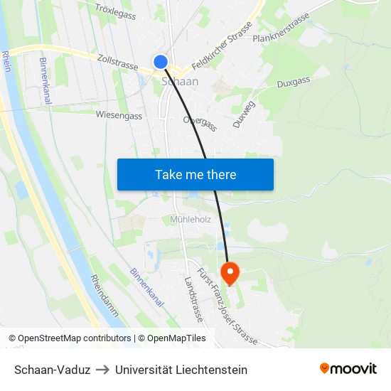 Schaan-Vaduz to Universität Liechtenstein map