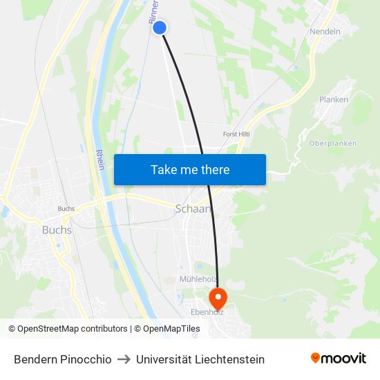 Bendern Pinocchio to Universität Liechtenstein map