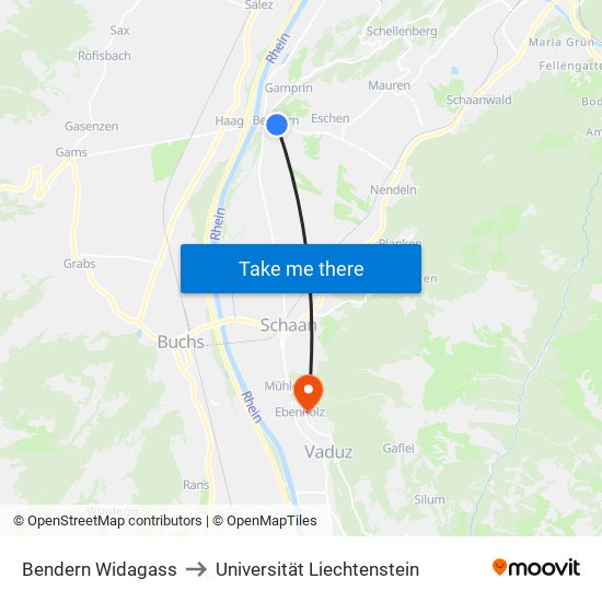 Bendern Widagass to Universität Liechtenstein map