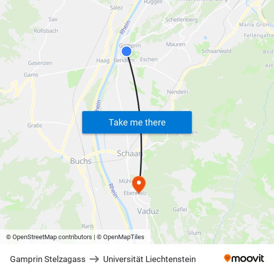 Gamprin Stelzagass to Universität Liechtenstein map