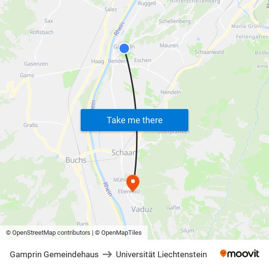 Gamprin Gemeindehaus to Universität Liechtenstein map