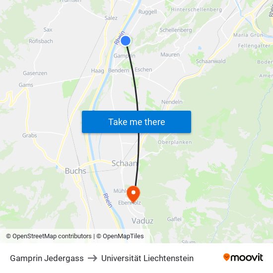 Gamprin Jedergass to Universität Liechtenstein map