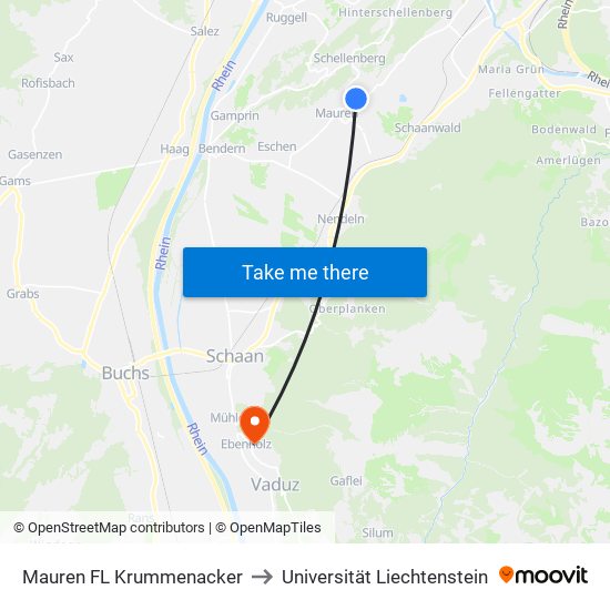 Mauren FL Krummenacker to Universität Liechtenstein map