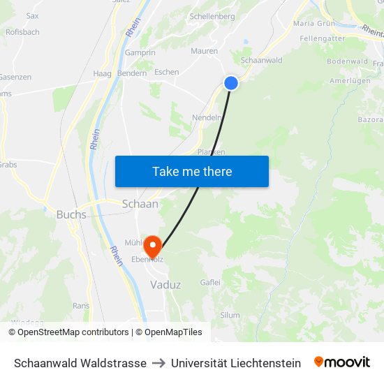 Schaanwald Waldstrasse to Universität Liechtenstein map