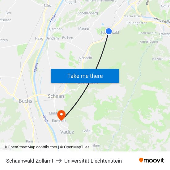 Schaanwald Zollamt to Universität Liechtenstein map