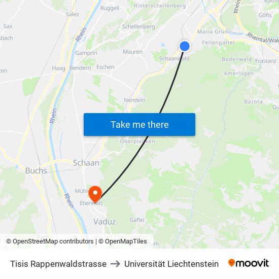 Tisis Rappenwaldstrasse to Universität Liechtenstein map