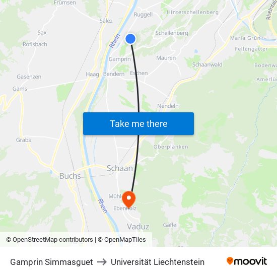 Gamprin Simmasguet to Universität Liechtenstein map