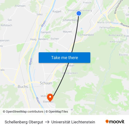 Schellenberg Obergut to Universität Liechtenstein map