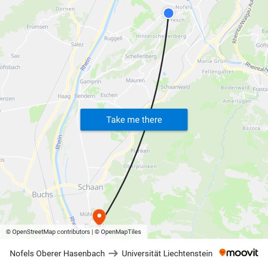 Nofels Oberer Hasenbach to Universität Liechtenstein map